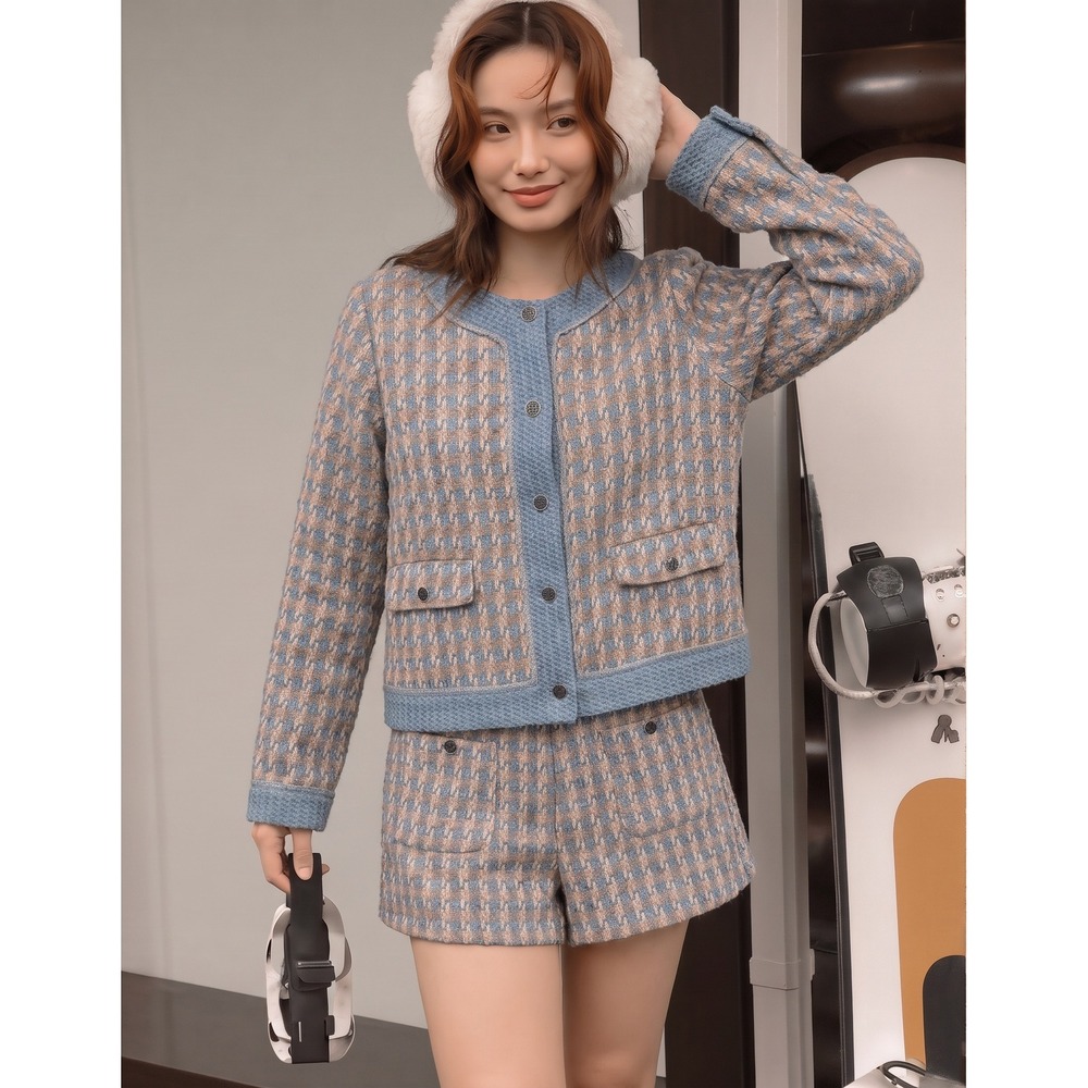 Mystree Jacket and Shorts Set Women's M/L Blue Tan Houndstooth Tweed 2 Piece